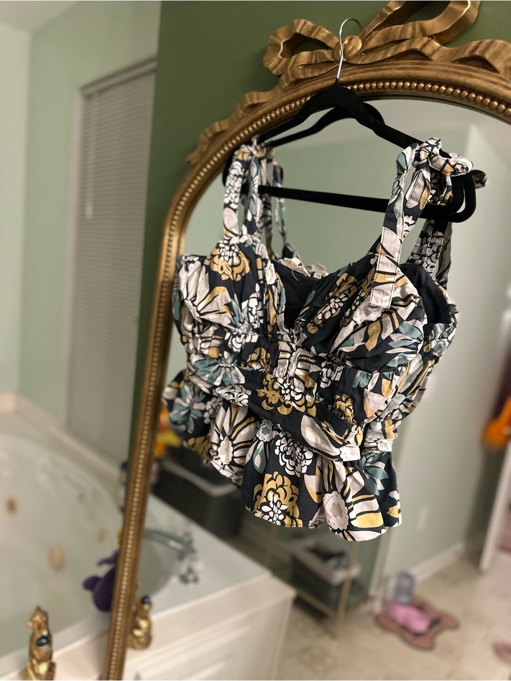 Floral Tie-Shoulder Peplum Camisole - Black with Mustard & Green